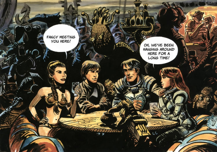 Leia Organa and Luke Skywalker meets Valérian and Laureline while surrounded by familiar aliens.